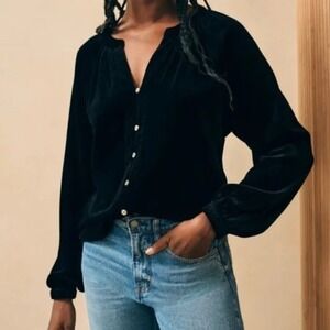 Faherty XL Black Naomi Velvet Silk‎ V-Neck Button Down Long Sleeve Shirt NWT
